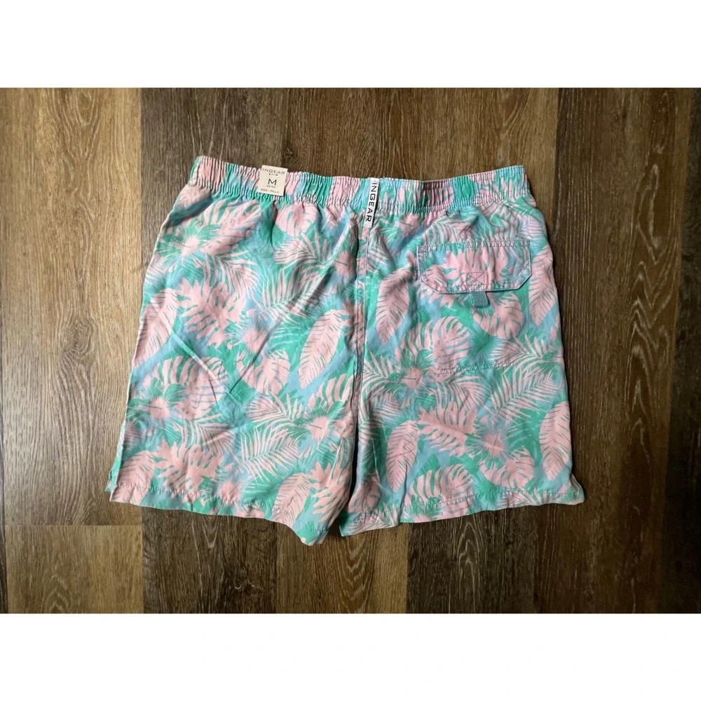 Ingear Swim Trunks Mens‎ Medium M Pink Teal New Tropical Palm Leaf Mesh Lined